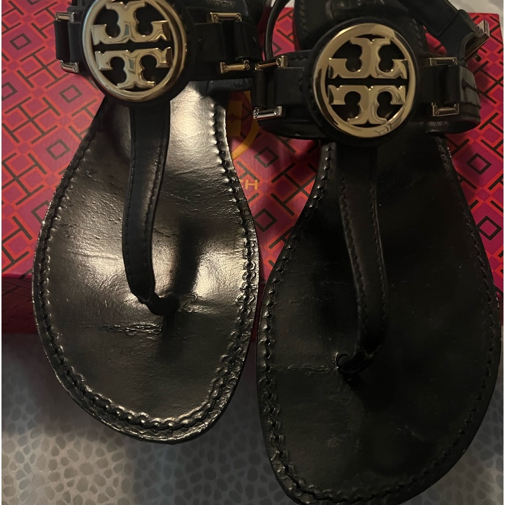 Tory Burch black leather sling back sandals, size 9.5